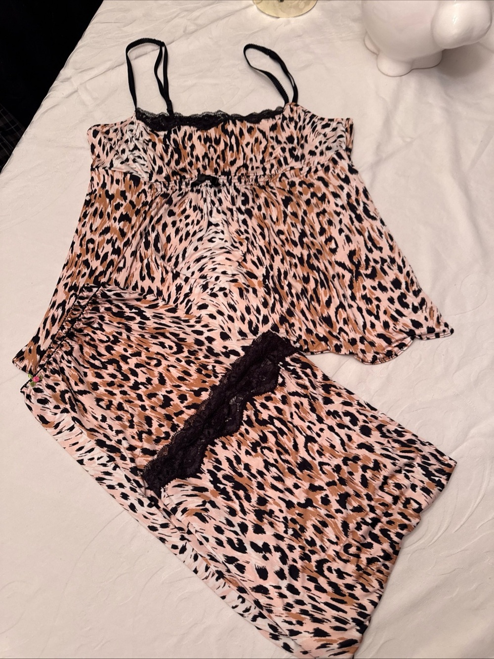 Bates Johnson Leopard-Print Pajama Set with Black Lace Trim - Women's Sleepwear